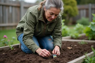 Femme testant le pH du sol dans son jardin potager avec un kit d'analyse maison