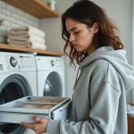 Femme inspectant le tiroir à lessive mal utilisé d'un lave-linge avec résidus de détergent visibles