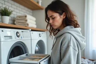 Femme inspectant le tiroir à lessive mal utilisé d'un lave-linge avec résidus de détergent visibles