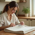 Femme examinant un tissu coton enduit certifié Oeko-Tex dans une cuisine familiale chaleureuse