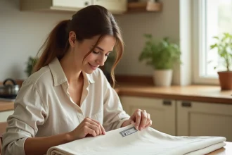 Femme examinant un tissu coton enduit certifié Oeko-Tex dans une cuisine familiale chaleureuse