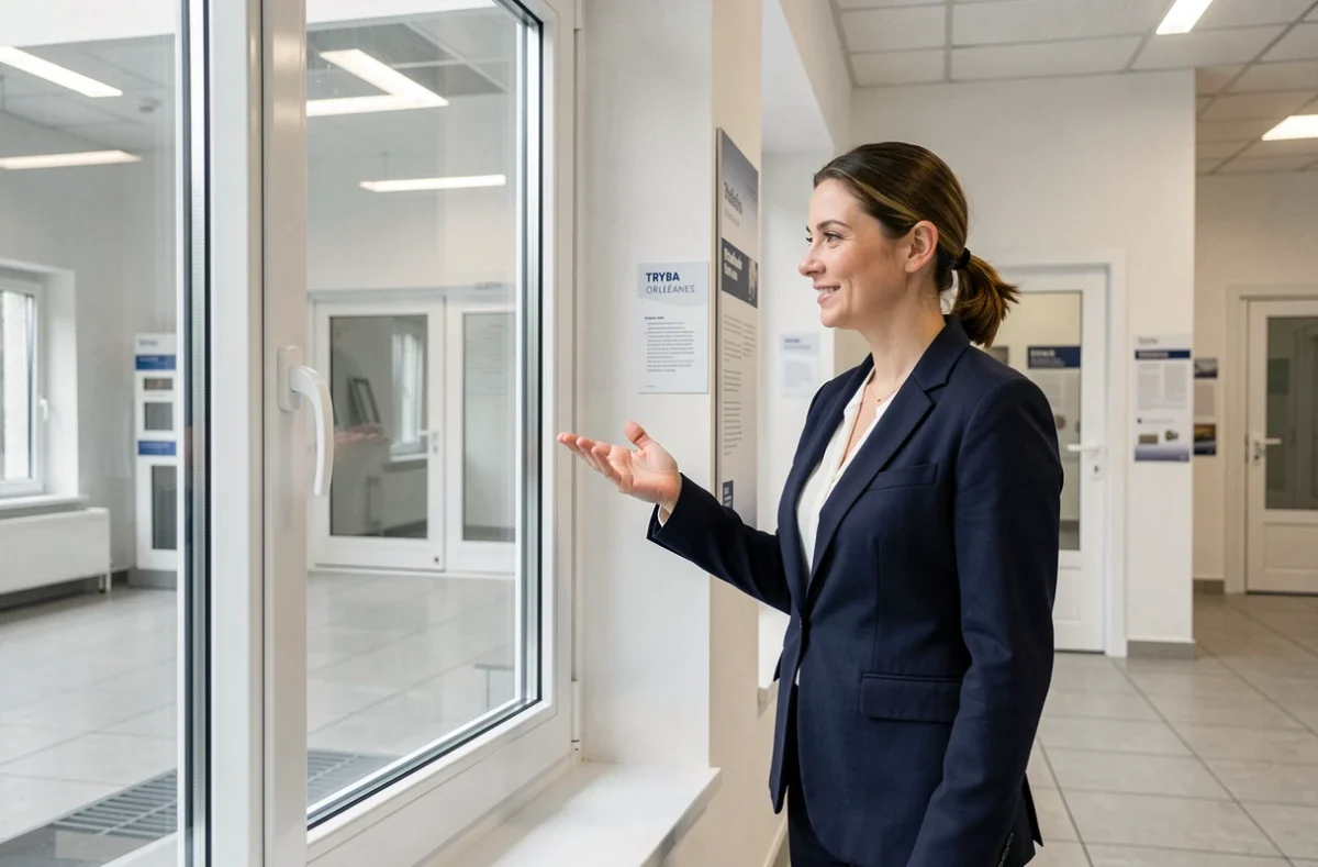 Conseillère commerciale présentant une fenêtre PVC dans le showroom Tryba d'Orléans