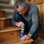 Homme appliquant du WD-40 sur les marches d'un escalier en bois qui grince à l'intérieur d'une maison
