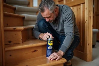 Homme appliquant du WD-40 sur les marches d'un escalier en bois qui grince à l'intérieur d'une maison