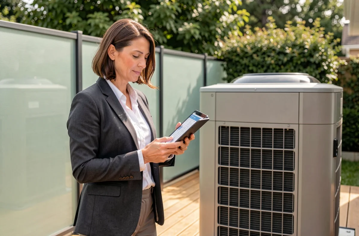 Conseillère en énergie vérifiant l'installation complète d'une pompe à chaleur air-eau dans un jardin résidentiel moderne