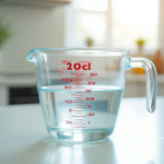 Verre mesureur rempli à 200 cl sur plan de travail lumineux