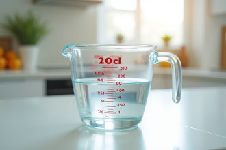 Verre mesureur rempli à 200 cl sur plan de travail lumineux