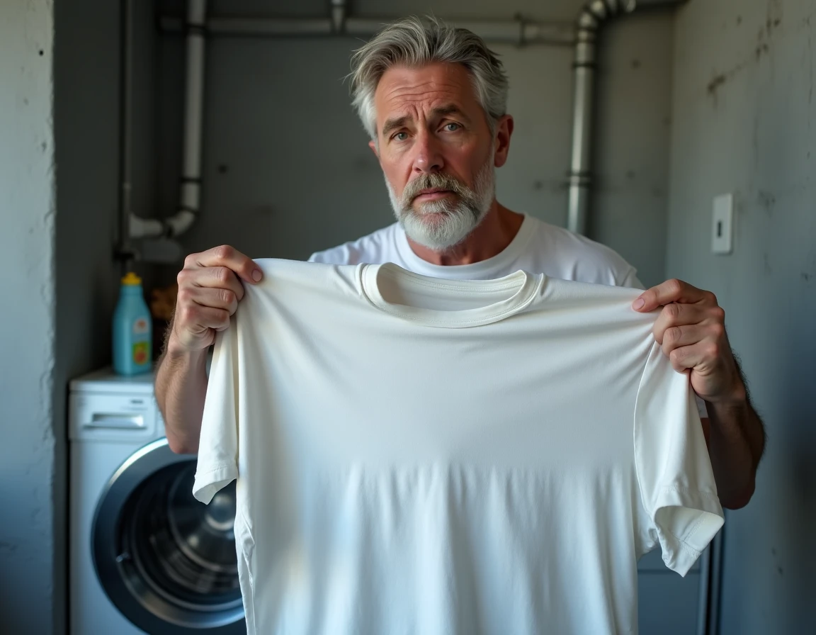 Homme tenant un vêtement mal lavé devant un lave-linge avec tiroir à lessive mal configuré