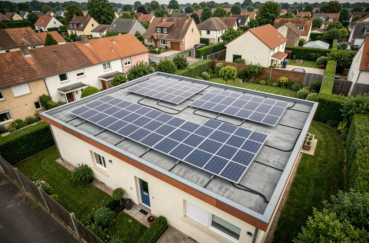 Vue aérienne d'une maison pavillonnaire avec installation complète de panneaux solaires sur toit plat