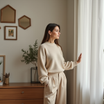 Femme dans un salon avec murs décorés de miroirs et œuvres d'art
