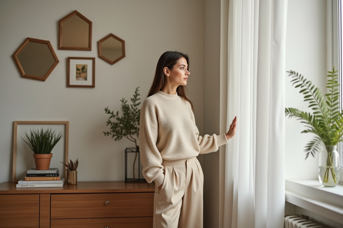 Femme dans un salon avec murs décorés de miroirs et œuvres d'art