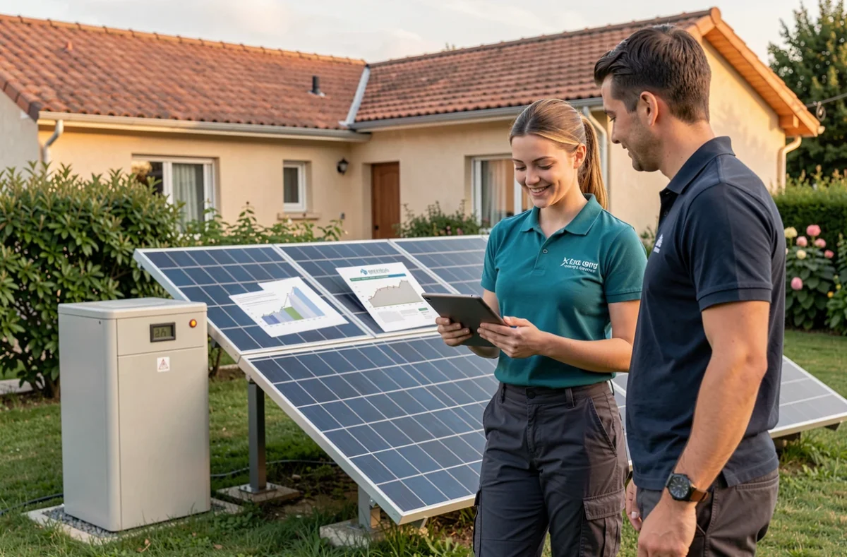 Conseillère Yoko Énergie présentant un bilan énergétique devant une installation solaire et pompe à chaleur